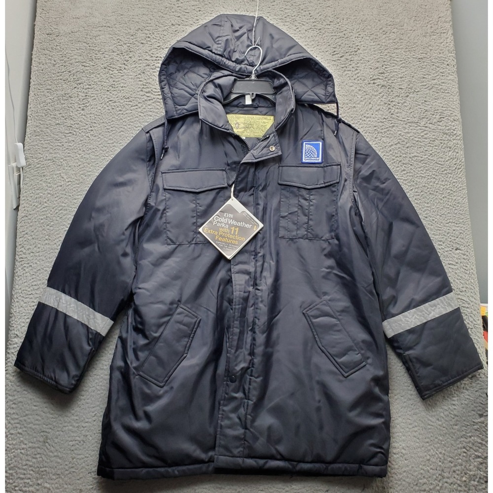 Vtg Continental Airline Insulated Cold Weather Parka Jacket Mens L Black Hooded